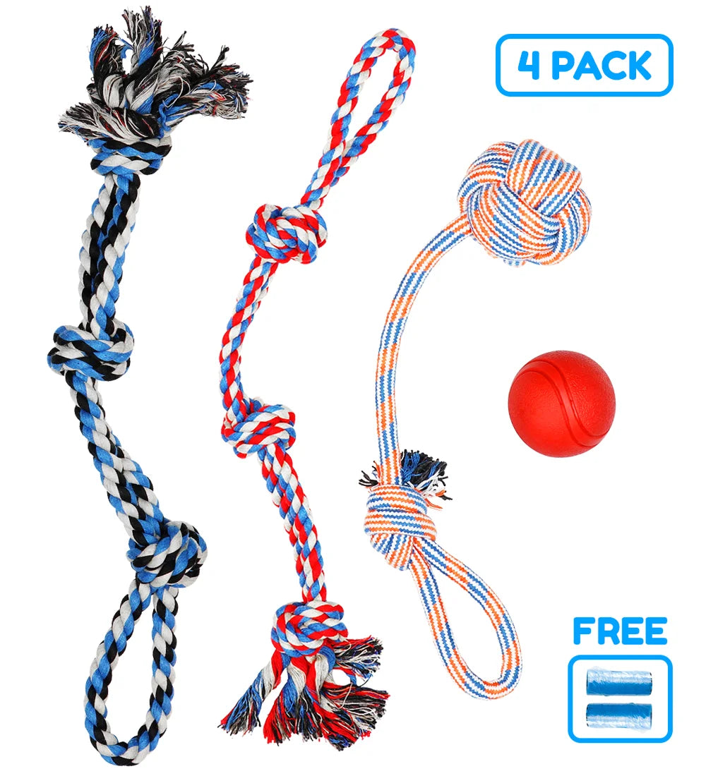 Large Dog Chew Toys for Aggressive Chewers – 4-Pack Durable Ropes & Balls